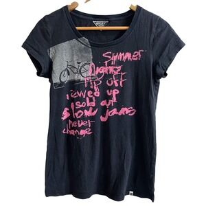 Roxy Graphic Tee Black Pink Bicycle Summer Nights Shirt Size Large Women